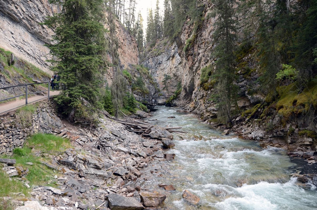 02 Walking Up Boardwalk Next To Johnston Creek Towards Lower Falls In Johnston Canyon In Summer